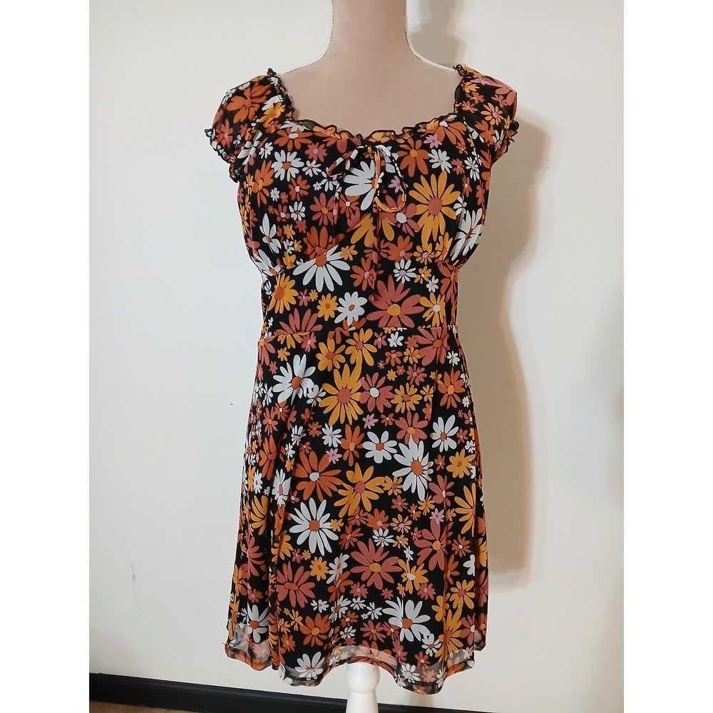 No Boundaries Ditzy Floral Mesh Mini Dress XL Black Orange Daisy Retro Milkmaid